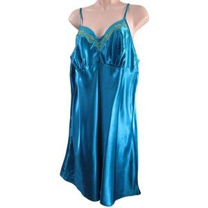 Cacique  Blue Satin Lace Trim Chemise Lingerie Nightgown Womans 14/16 EUC